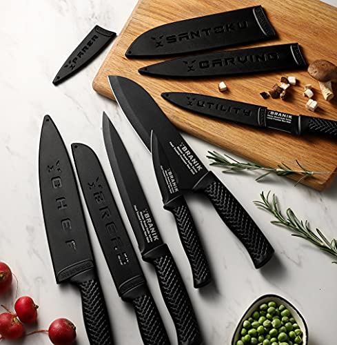 BRANIK 6Pc Black Kitchen Knife Sets with Protective Sheaths & Giftbox, Premium German Steel, Special Non-Stick Coating Making Them Dishwasher Safe.