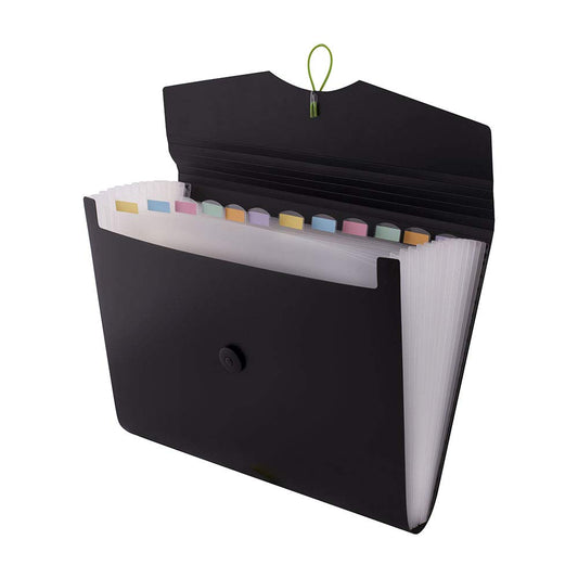 D.RECT | Expandable Expanding File | Document Organiser | Folders Expander for School - Office - Home | Expanding File Folders | Pockets Filing Box | 12 Compartments | Size: A4 | Colour: Black 5580