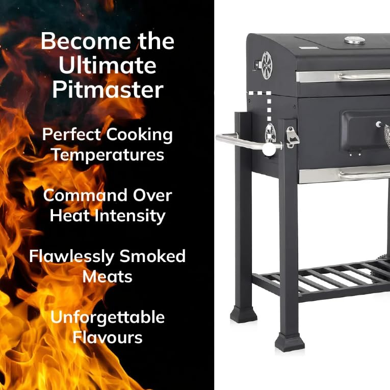 BillyOh Charcoal BBQ Grill Smoker with Side Table Shelf Stainless Steel Barbecue with Wheels Outdoor Portable Garden BBQ with Temperature Gauge, Grey Texas