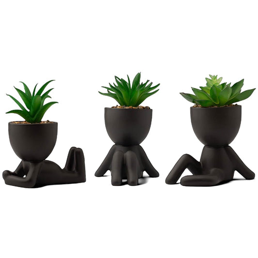- LUNIER Seated Succulent Set (Set of 3) | Ceramic Human-Shaped Plant Pots With Artificial Succulent Plants –