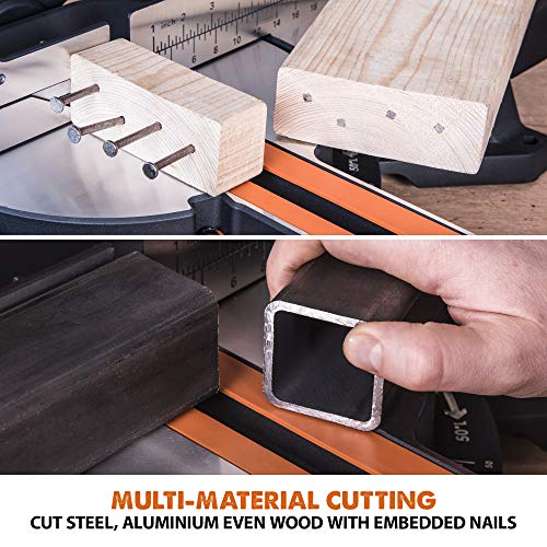 - Evolution Power Tools R255SMS+ Compound Mitre Saw | Multi-Material Cutting Blade | Chop Wood Metal Plastic | 45° Bevel | 50° Mitre Angle | 300mm Slide | 2000 W | 255 mm | 220-240 V -