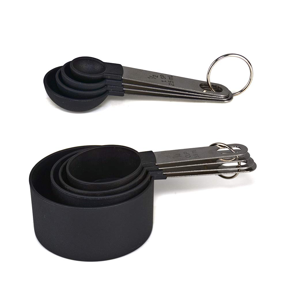 - FONYA 8-Piece Black Measuring Tools | 4 Measuring Cups / 4 Measuring Spoons with Metal Handles -