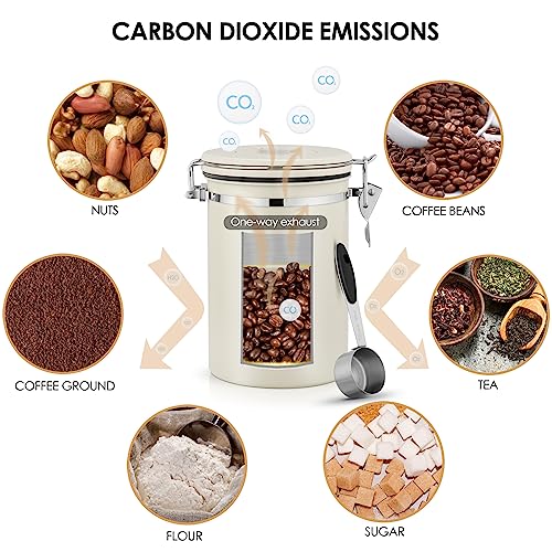 BEZORR 1800ML Airtight Coffee Canister, Stainless Steel Airtight Coffee with Date Tracker, CO2 Valve and Measure Spoon, Canister Kitchen Cereal Storage Jar for Beans/Tea/Sugar/Cereal