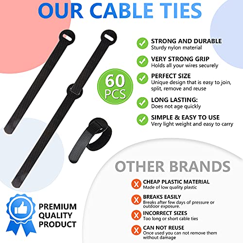 ARMIZ 60 x Reusable Cable Ties Black, Adjustable Releasable Hook and Loop Cable Straps for PC Cable Management, Organizing Cords, TV, Desk