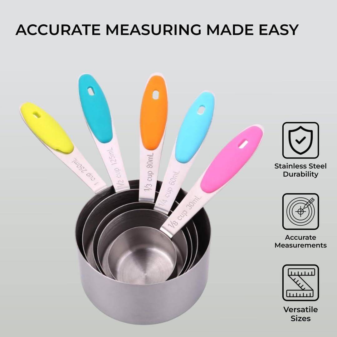- H&S Measuring Cup Set of 5 Stainless Steel Metal Measure Spoon Cups -