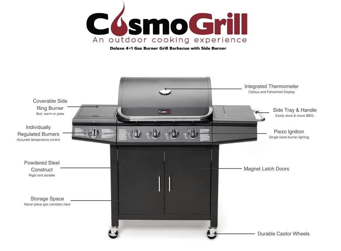 CosmoGrill Pro Deluxe 5 Gas Burner 4+1 Barbecue Grill, Stainless-Steel Warming Rack, Side-Burner, Built-in Temperature Gauge for Home Garden Party Outdoor Cooking (93411)