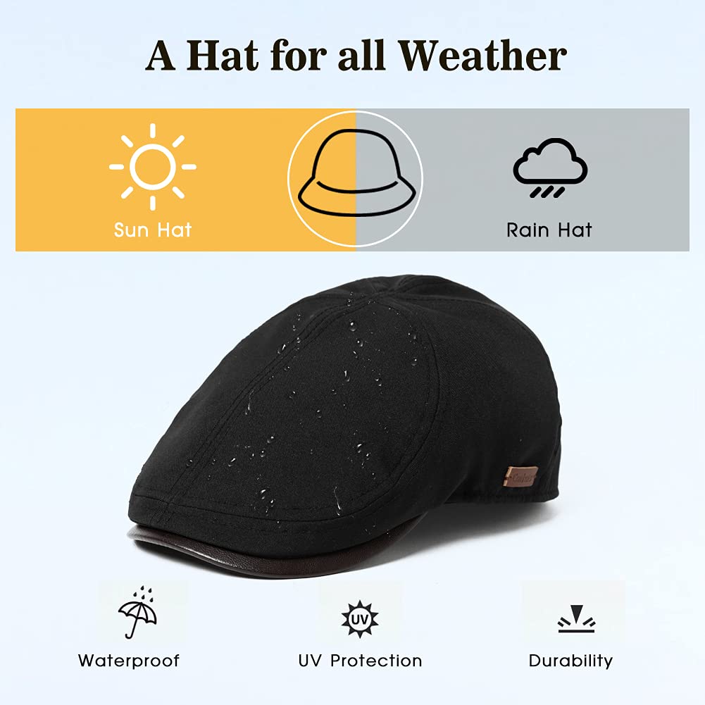 Comhats Mens Showerproof Waterproof Flat Duckbill Cap Gatsby Ivy Irish Newsboy Cabbie Golf Shooting Driving Hat Adjustable (M/L, Black)