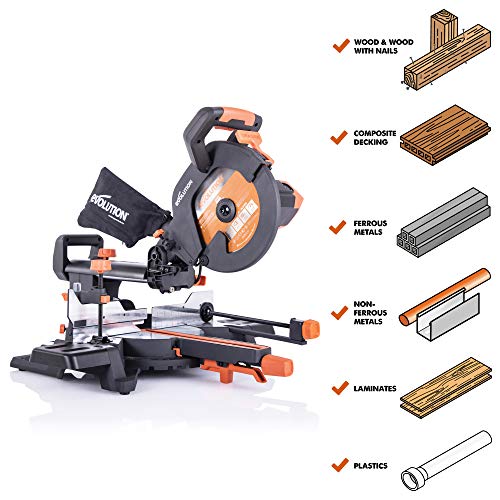- Evolution Power Tools R255SMS+ Compound Mitre Saw | Multi-Material Cutting Blade | Chop Wood Metal Plastic | 45° Bevel | 50° Mitre Angle | 300mm Slide | 2000 W | 255 mm | 220-240 V -