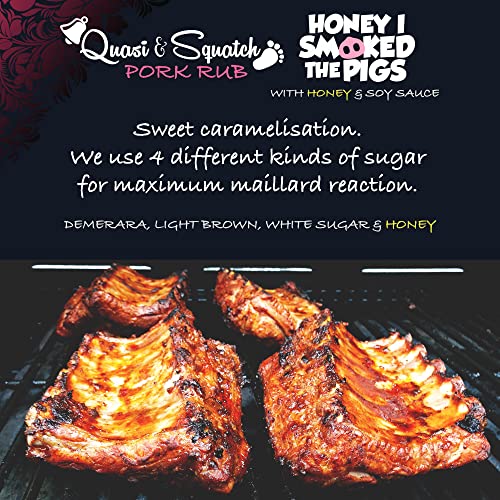 BBQ Rub for Pork by Quasi & Squatch - Honey I Smoked The Pigs (Smokey Honey Soy Sauce) Barbecue Dry Rub Meat Seasoning and Spices | Perfect Blend Of Spices For BBQ and Grill Pork Dishes | Large 220g