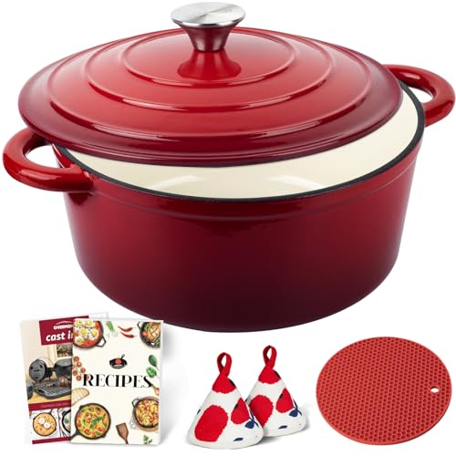 - Overmont 5L Enamelled Cast Iron Round Casserole Dish | Lid | 26cm | Cookbook -