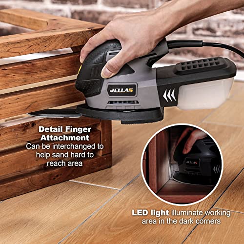 - JELLAS Detail Mouse Sander 220W | Compact Sander Machine for Wood | 13,000 RPM Sanders with Dust Collection | 12PCS Standard Sandpapers -