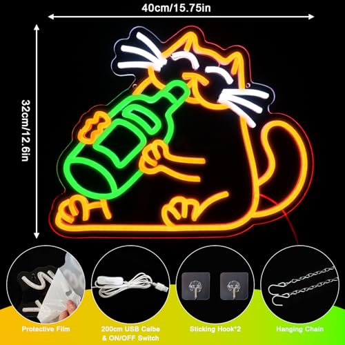 - OYCGZV Beer Cat Neon Light Sign | Drink Cat Neon Sign for Wall Decor -