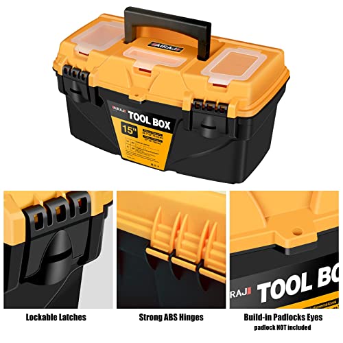 AIRAJ PRO Waterproof Toolbox Storage,15"Plastic Tool Box With Removable Tray,3 Transparent Storage Room,2 Hard Plastic Clips,Tool Storage Box for Household Tools,Toys,Decorations and Stationery