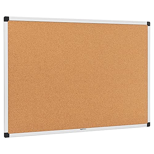 Amazon Basics Aluminum Frame Cork Notice Rectangular Board, 90cm x 60cm, Silver