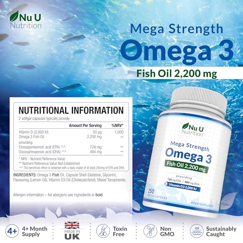 - Omega 3 | 250 Softgel Capsules | Sustainably Sourced - High Strength 1100mg Fish Oil per Capsule - Nu U Nutrition