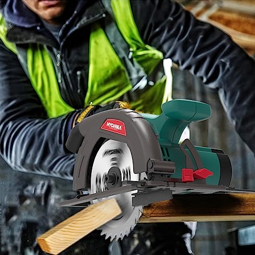 Circular Saw, 1300W HYCHIKA Electric Saw 4500RPM, High Power Motor, 24T Blade(185mm), Cutting Depth 65mm (90º), 45mm (45º), Safety Switch, Dust Extraction, for Wood/Plastic Cutting