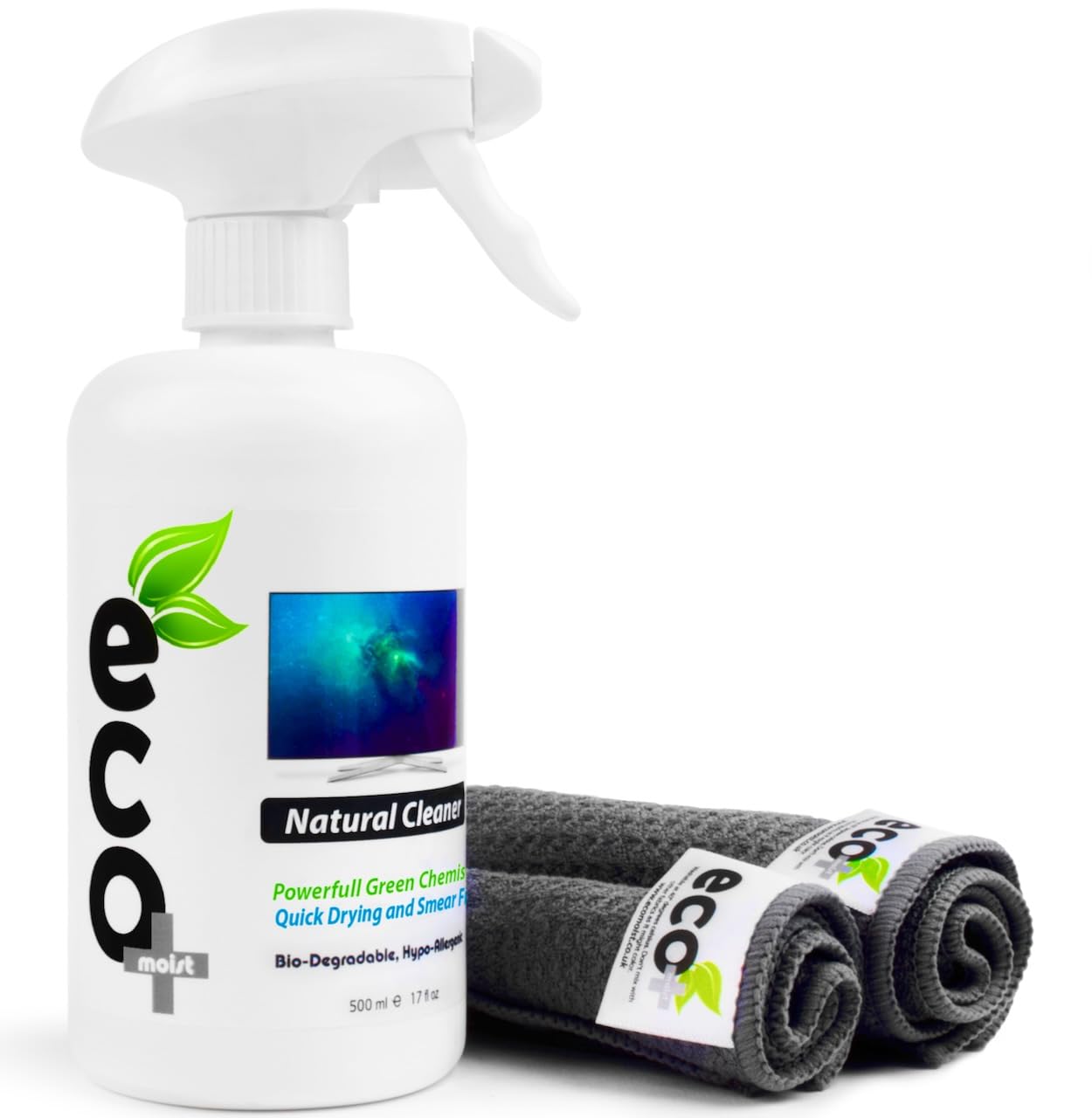 - Ecomoist Screen Cleaner | 500ml With 2 x Microfibre Towels | 40x40cm And 20x20cm -