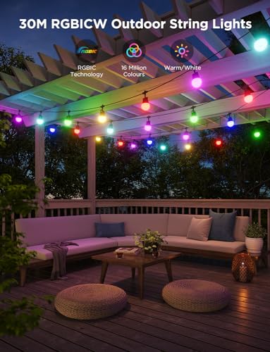 - Govee Smart Outdoor String Lights | 30M | RGBIC Outdoor Lights with Dimmable Warm White LED Bulbs -