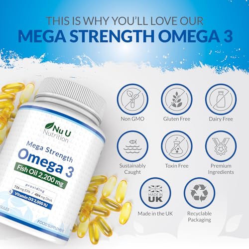 - Omega 3 | 250 Softgel Capsules | Sustainably Sourced - High Strength 1100mg Fish Oil per Capsule - Nu U Nutrition