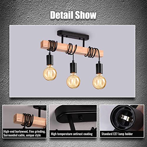 - Lightess Industrial Wood Pendant Light with 3 Heads | Adjustable Pendent Chandelier Light | Vintage Semi Flush Ceiling Light -