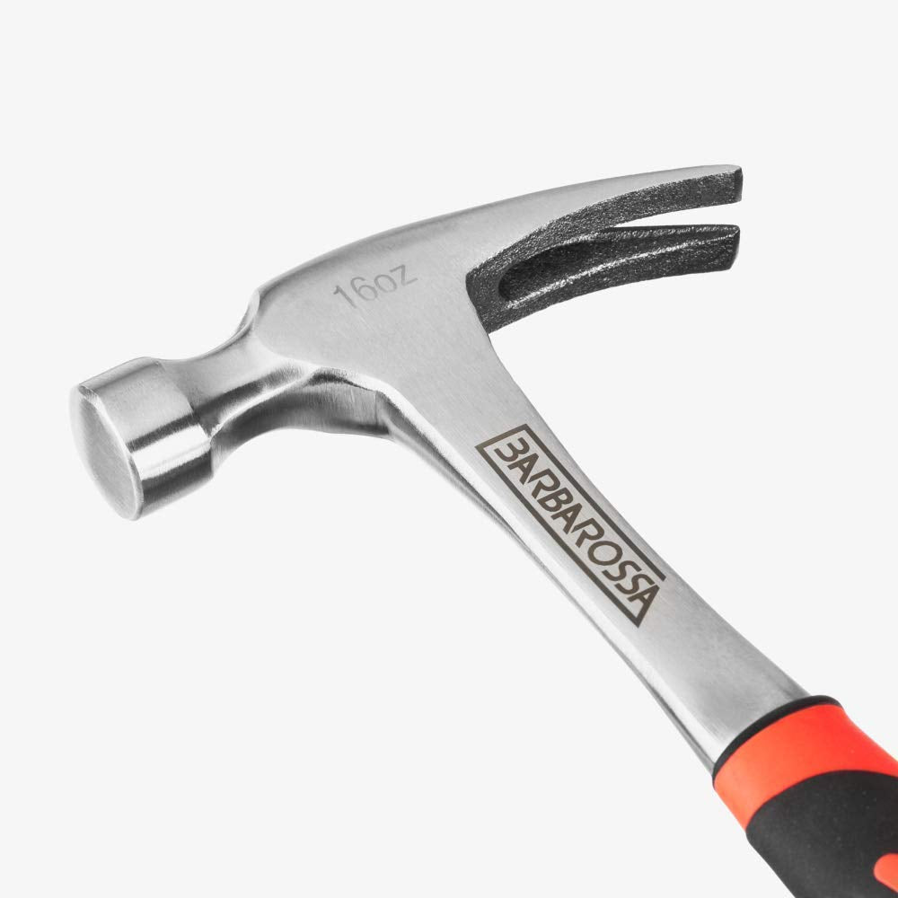 Claw Hammer by Barbarossa – 16Oz Straight Claw Hammer – Polished Carbon Steel & Fiberglass Handle – Anti-Vibe Shaft – Comfortable & Ergonomic Grip – Ideal Hand Tool for Nail Removal, Home Use