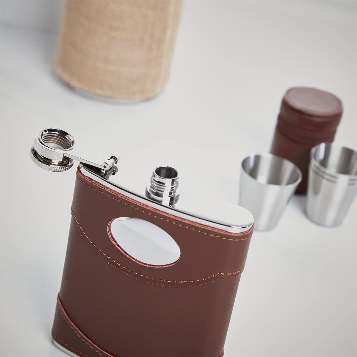 - Personalised 6oz Brown Leather Hip Flask & Cups -