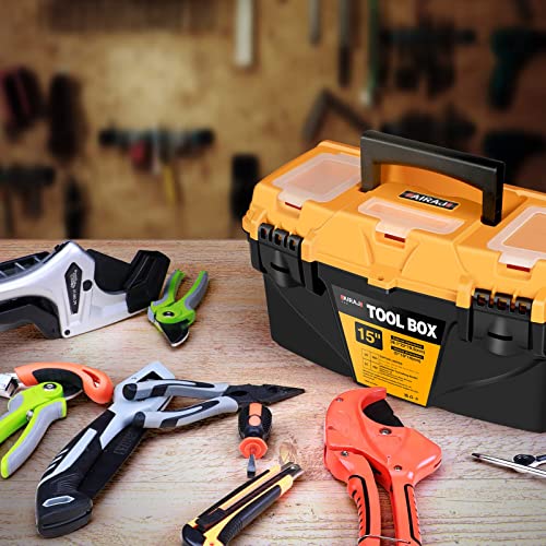 AIRAJ PRO Waterproof Toolbox Storage,15"Plastic Tool Box With Removable Tray,3 Transparent Storage Room,2 Hard Plastic Clips,Tool Storage Box for Household Tools,Toys,Decorations and Stationery