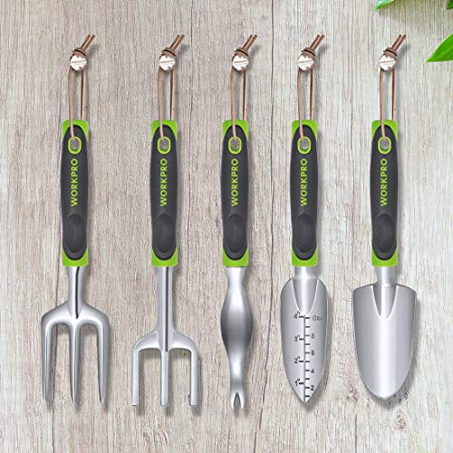 - WORKPRO 5 Pcs Gardening Tools Cast Aluminum Garden Set with Fork, Weeder, Claw, Trower, Soil Shovel for Gardener