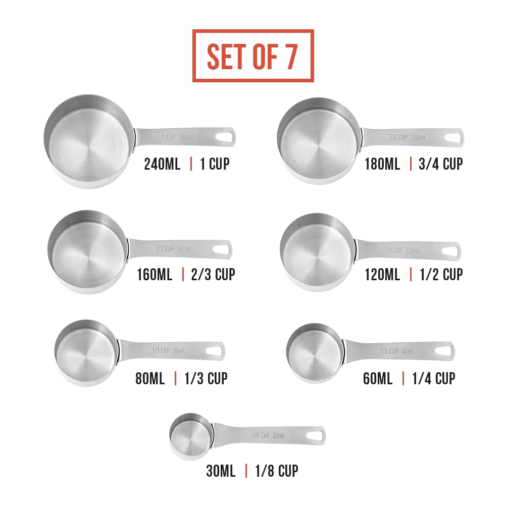 Chef Pomodoro Stainless Steel Measuring Cups, 7-Piece Set, Sturdy Long Handles, Nesting and Stackable, Metal Kitchen Spoons for Wet and Dry Ingredients