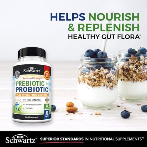 BioSchwartz Prebiotics and Probiotic with Whole Food Enzymes for Adults Women & Men - Probiotics Lactobacillus Acidophilus - Digestive Health Capsules Shelf Stable Supplement - Non-GMO - 30ct