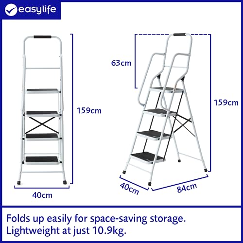 - Safety Folding Step Ladder | 4 Step Ladder, Strong, Non-Slip Rubber Steps With Rail Support And Grip Tight Ridges | 96x159cm -