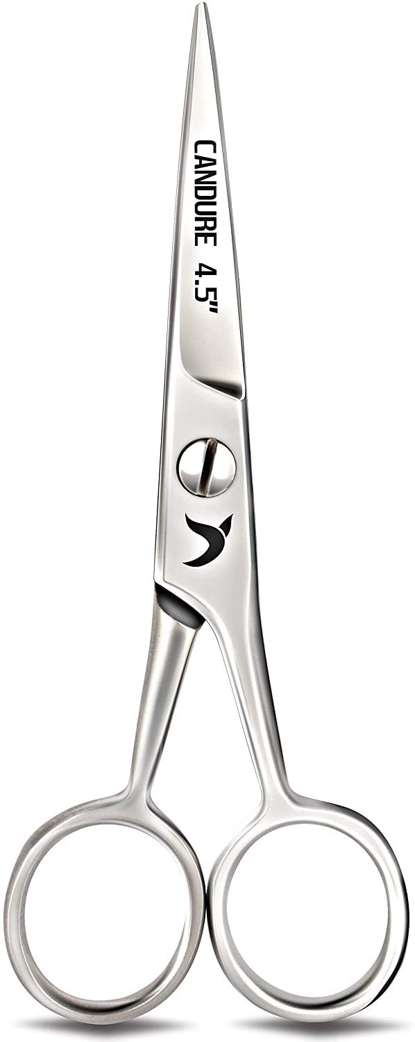 Candure Beard Scissors Professional Moustache Scissors Ear and Nose Hair Trimming Scissors Stainless Steel, Safety Use for Eyebrows, Eyelashes, and Ear Hair