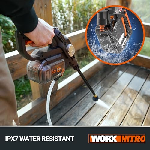 - Worx Nitro HydroShot WG633E 20V High-Flow Cordless Portable Pressure Cleaner Power Washer with Brushless Motor Up to 56 Bar Pressure, IPX7 Waterproof Battery, Charger, Multi-Spray Nozzle & Accessories