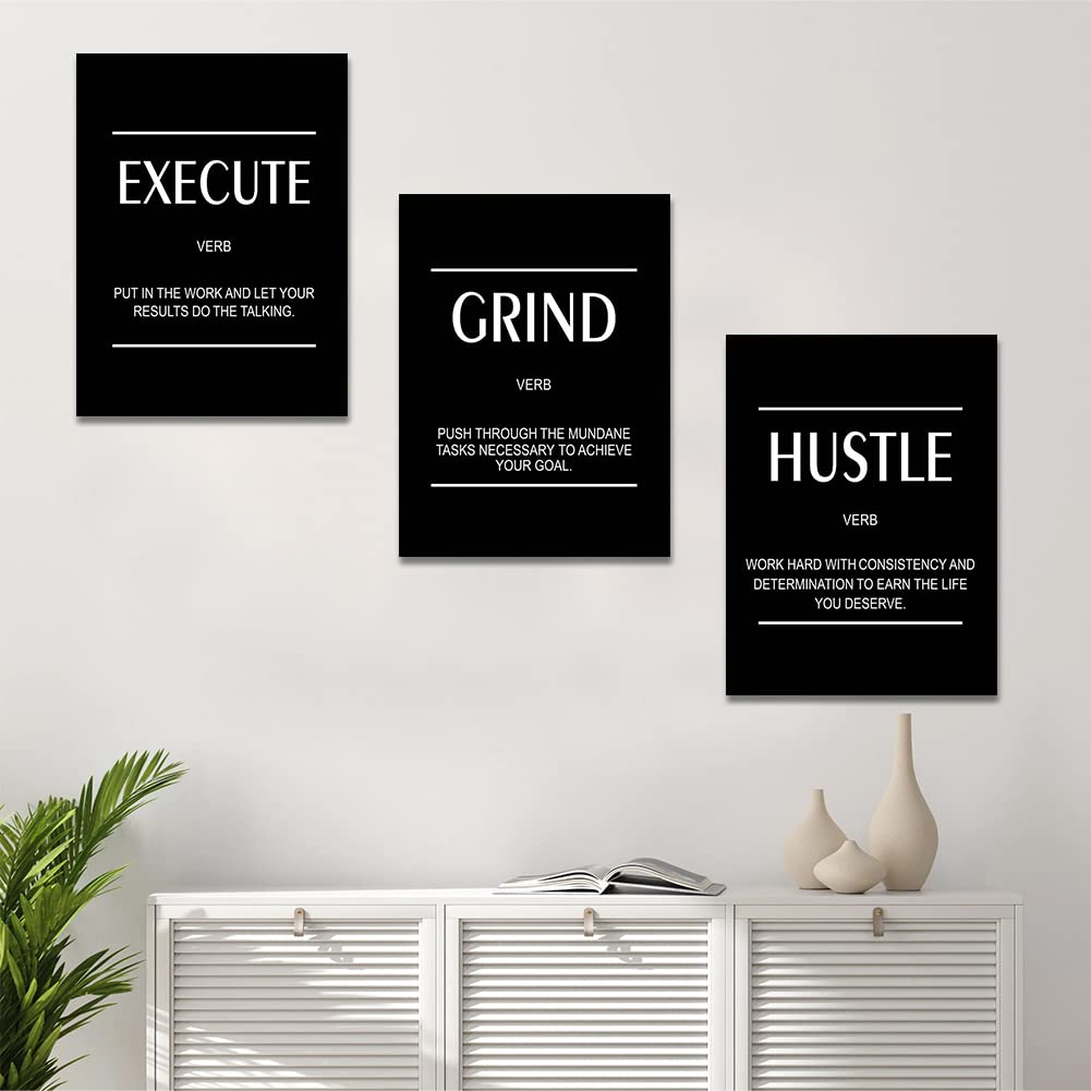 Artscope 3 Pieces Inspirational Motivational Words Wall Art Canvas Prints - Execute Hustle Grind Picture Painting - Modern Wall Artwork Framed for Gifts Bathroom Living Room Office Decor - 30 x 40 CM