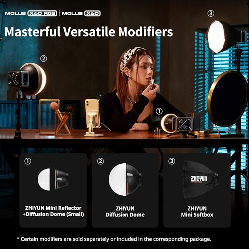 - ZHIYUN RGB Video Light Molus X60 RGB Combo 60W with 2550mAh Battery, 2700K-6500K Dimmable, Full Color CRI 95, TLCI 98