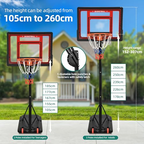 - YITAHOME Basketball Backboard Hoop Net Set, 105-260CM Height Adjustable Basketball Stand with Wheels