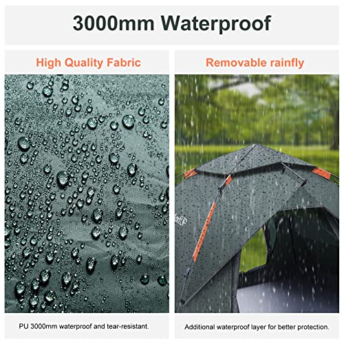 Amflip Camping Tent Automatic 3 Man Person Instant Tent Pop Up Ultralight Dome Tent 4 Seasons Waterproof & Windproof Camping Tent with Removable Outer Tarpaulin, Double Layers (army green)