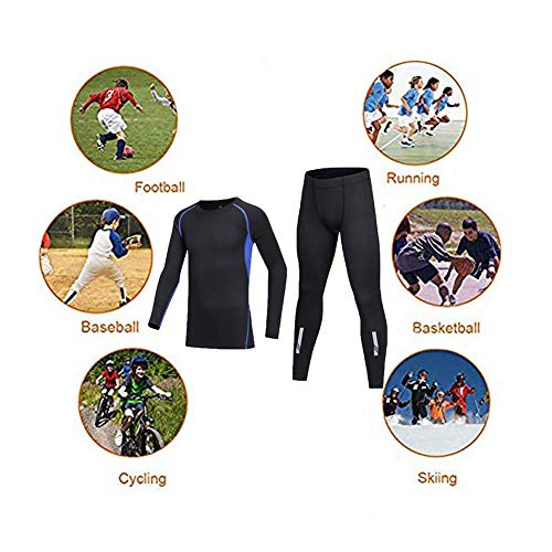 BUYKUD Kids' Girls Boys Long Sleeve Athletic Base Layer Compression Underwear Shirt & Tights Set Unisex, Blue, Label Size: 30