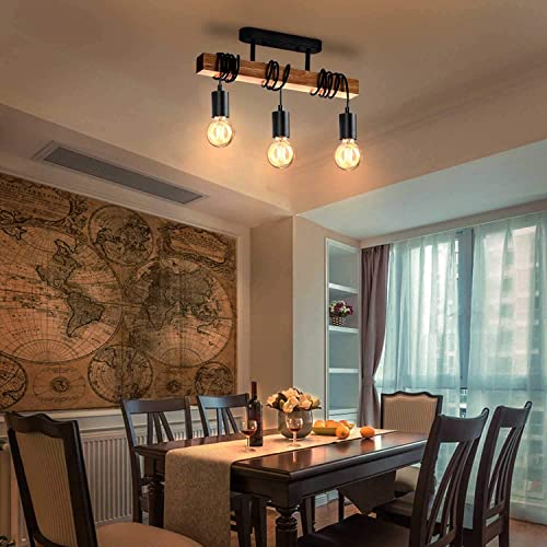 - Lightess Industrial Wood Pendant Light with 3 Heads | Adjustable Pendent Chandelier Light | Vintage Semi Flush Ceiling Light -