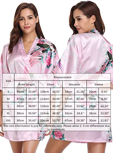 - Vlazom Women Kimono Robes Satin Dressing Gown Peacock and Blossoms Sleep Lounge Nightwear Short Silk Bride Bridesmaid Robe -