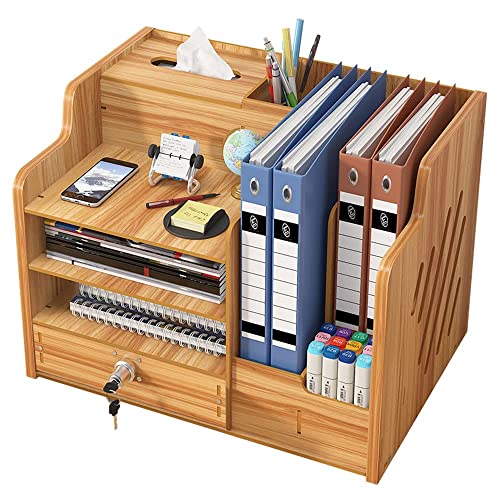 - Updated Wooden Desktop Organiser with Drawer - Large Capacity Desk - Tidy Storage Holder -