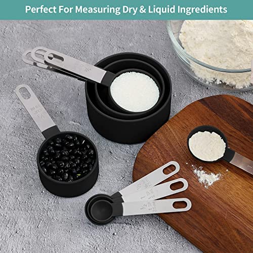 8 Pcs Measuring Cups and Spoons Set, Stackable Stainless Steel Handle Accurate Tablespoon for Measuring Dry and Liquid Ingredients Small Teaspoon with Plastic Head (Black)