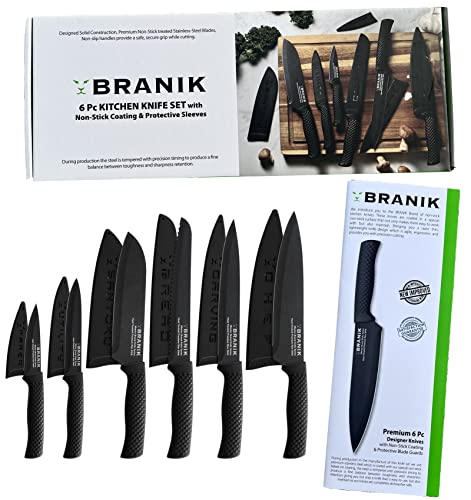 BRANIK 6Pc Black Kitchen Knife Sets with Protective Sheaths & Giftbox, Premium German Steel, Special Non-Stick Coating Making Them Dishwasher Safe.