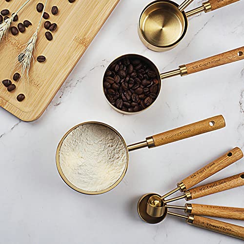 Cuteefun Measuring Cups and Spoons Set of 8, Wooden Handle, with Metric and US Measurements, Premium Stainless Steel, Gold Polished Finish, Dry & Liquid Measuring Cup, for Cooking and Baking