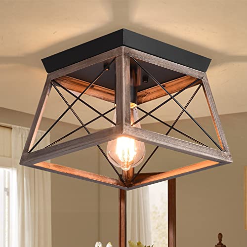 - Ganeed Industrial Flush Mount Ceiling Light | Farmhouse Rustic Close to Ceiling Light Mini Ceiling Lamp Fixture | Square Metal Cage -