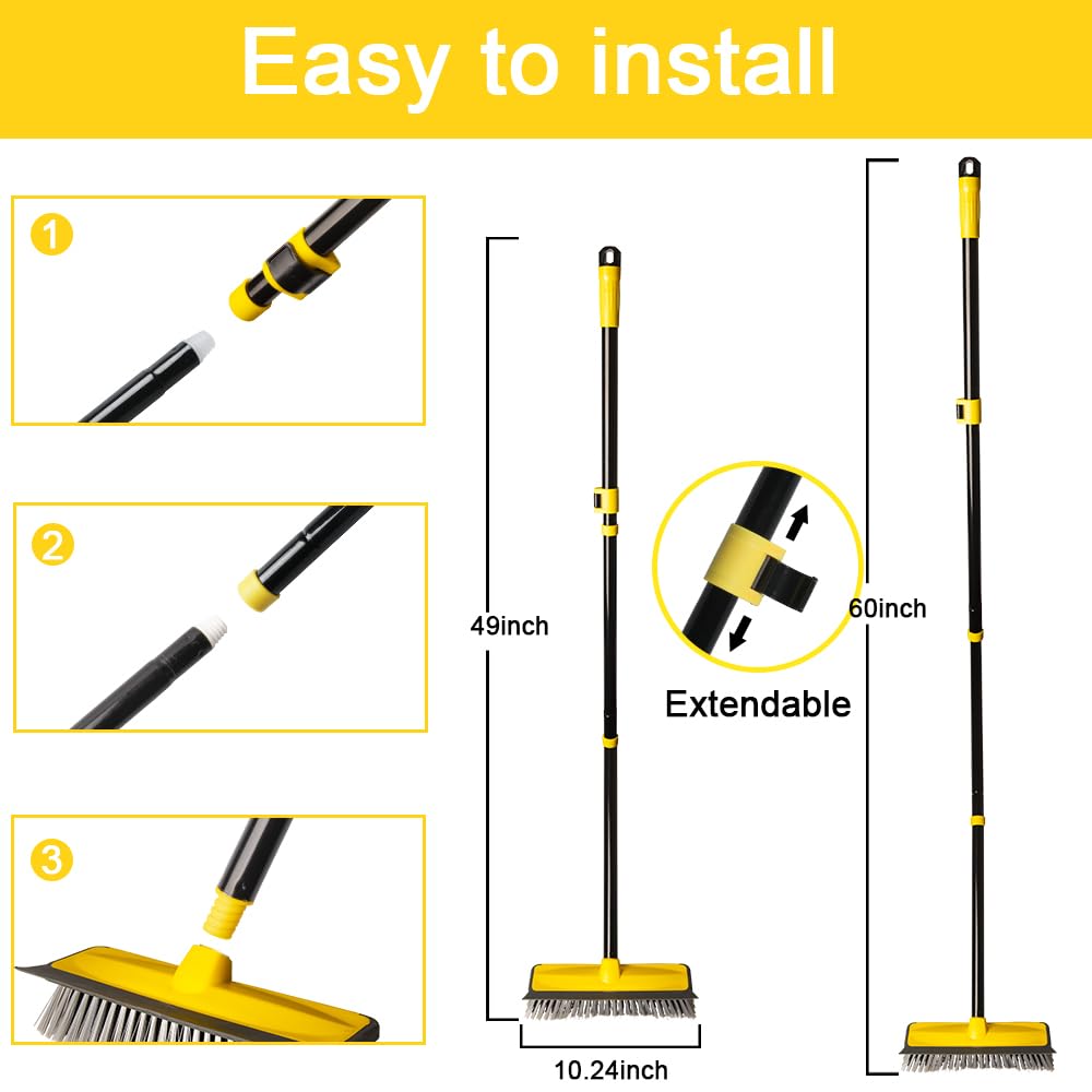 - Floor Cleaning Brush with squeegee | 60” Long Handle Push Broom | Stiff Bristles Deck Broom -