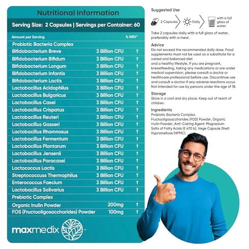 Bio Cultures Complex Probiotics & Prebiotics - 60 Billion CFU - 2 Months Supply - 120 Vegan Probiotic Complex Capsules for Adults - 20 Gut-Friendly Bacterial Cultures Like Lactobacillus Acidophilus