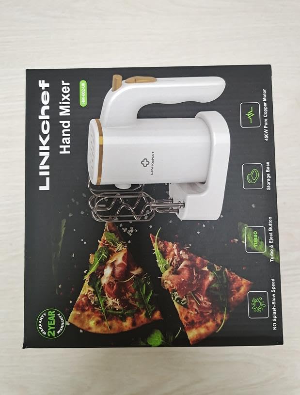 - LINKChef Anti-Splash Hand Mixer Electric Whisk with Storage Base | 5-Speed White Electric Hand Whisk for Baking | 450W -