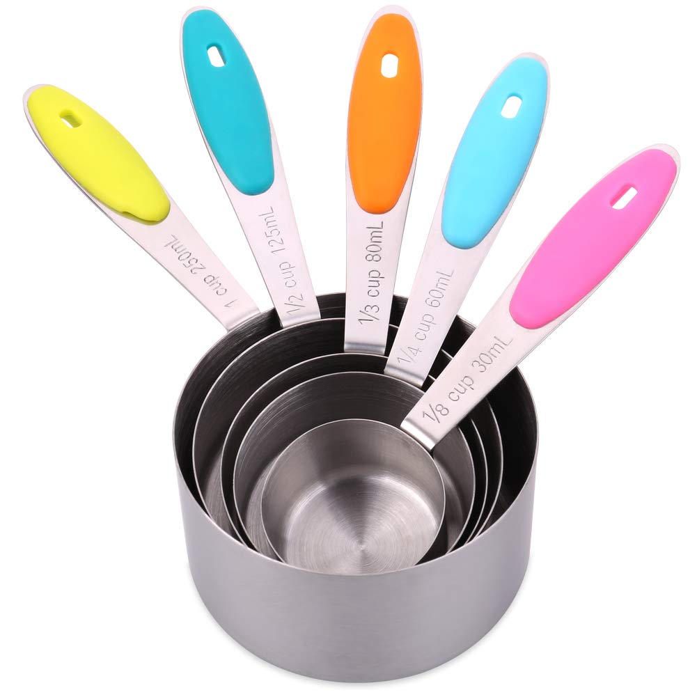 - H&S Measuring Cup Set of 5 Stainless Steel Metal Measure Spoon Cups -