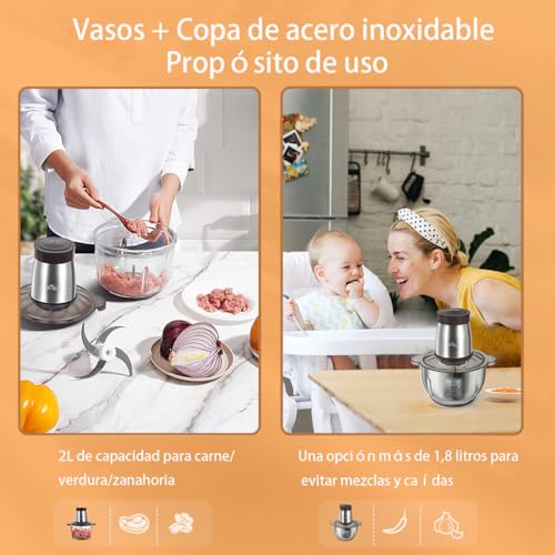 Bear 2L+1.8L 600W Electric Food Processors & Chopper with Glass Container and 304 Stainless Steel Container, 2 Speed Settings, 4 Stainless Steel Blades for Chopping Meat, Baby Food, Fruit, Vegetables